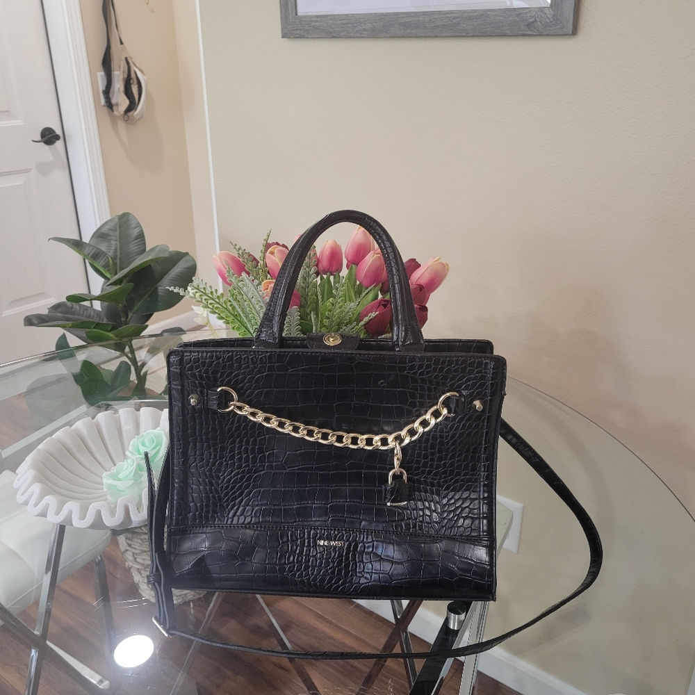 Nine West Black and Gold Satchel with Croc Texture